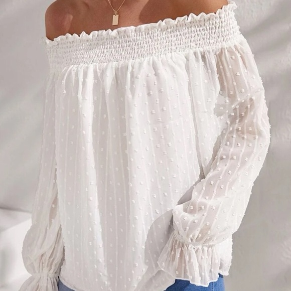 Boho Swiss dot off shoulder Bardot blouse - Picture 4 of 5